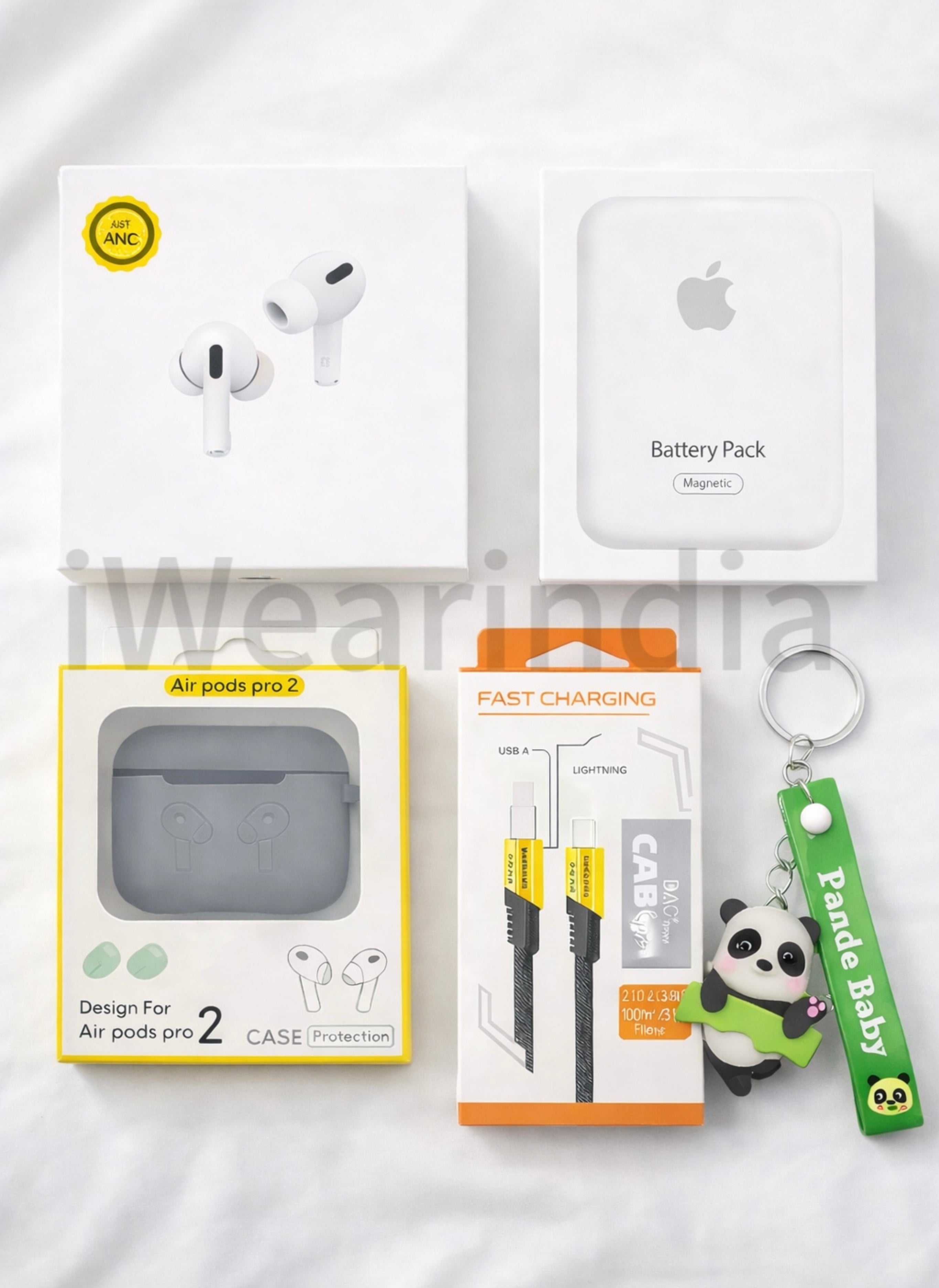 5-in-1 Ultimate Combo Pack – iWearPods Pro 2 + 65W 4-in-1 Fast Charging Cable, MagSafe Power Bank, Silicone Pods Case + 3D Stylish Keychain.